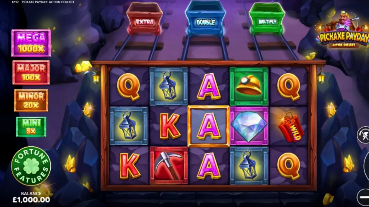 Interface do jogo de slot Pickaxe Payday com mineiros animados